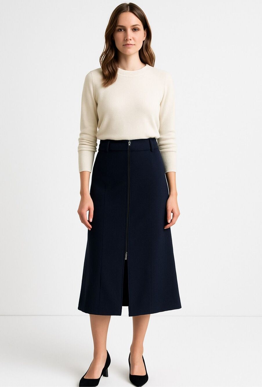 Sportmax Navy Virgin Wool A-Line Midi Skirt Jewel Zip Italy Size 4